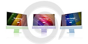 Colorful displays on a desk, showcasing a unique web design studio concept web page