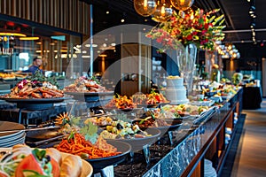 A colorful and diverse buffet display with a plethora of plates filled with delicious and enticing food options