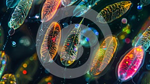 A colorful and diverse community of ciliates each with unique markings and shapes composing a living symphony of beauty