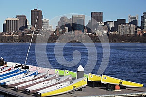 Colorful docked sailboats and Boston Skyline, Charles River, Massachusetts, USA