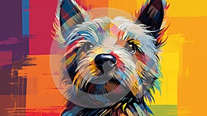 Colorful Dog Portrait With Rainbow Background In Flat Brushwork Style