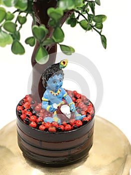 a colorful doll statue of cute baby sri krishna in blue eating butter