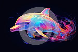 Colorful Dolphin in Neon Lights on a black backgrouns. Generative AI photo