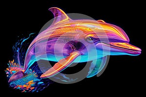 Colorful Dolphin in Neon Lights on a black backgrouns. Generative AI photo