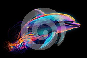 Colorful Dolphin in Neon Lights on a black backgrouns. Generative AI photo