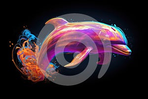 Colorful Dolphin in Neon Lights on a black backgrouns. Generative AI photo