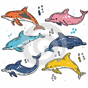 Colorful dolphins swimming underwater, dolphin has unique color pattern. Playful marine mammals photo