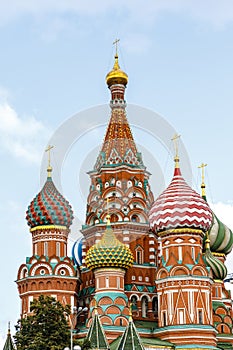 Colorful domes of the Cathedral of Vasily the Blessed commonly known as Saint Basil`s Cathedral at Red Square in Moscow