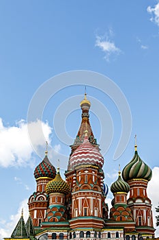 Colorful domes of the Cathedral of Vasily the Blessed commonly known as Saint Basil`s Cathedral at Red Square in Moscow