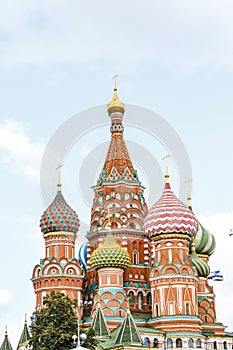 Colorful domes of the Cathedral of Vasily the Blessed commonly known as Saint Basil`s Cathedral at Red Square in Moscow