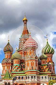 Colorful domes of the Cathedral of Vasily the Blessed commonly known as Saint Basil`s Cathedral at Red Square in Moscow