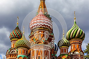 Colorful domes of the Cathedral of Vasily the Blessed commonly known as Saint Basil`s Cathedral at Red Square in Moscow