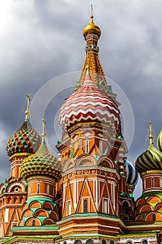 Colorful domes of the Cathedral of Vasily the Blessed commonly known as Saint Basil`s Cathedral at Red Square in Moscow