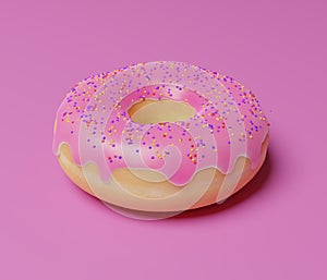 Colorful donut decorated icing and sprinkles, isolated on pink background. 3d rendering.
