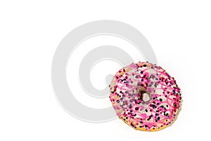 Colorful donut isolated on white.  Sweet icing sugar food with glazed sprinkles, doughnut with frosting. Top view with copy space