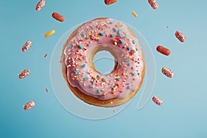 Colorful donut with pink icing and sprinkles. Macro view of sweet american dessert isolated on blue background.