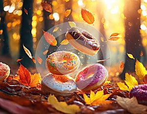 colorful donuts and autumn leaves