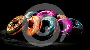 Colorful donuts on a black background with watercolor effect