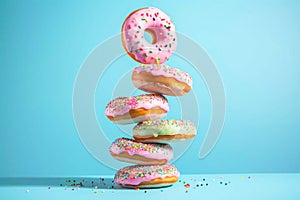 Colorful donuts on a blue background. Generative AI