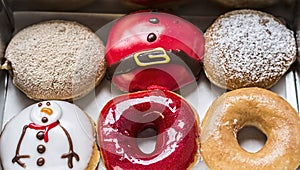 Colorful Donuts in box, Top view