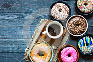 Colorful Donuts breakfast composition with different color styles