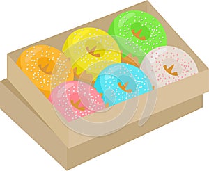 Colorful donuts cartoon set. Box with Doughnuts with pink, green, yellow, orange, chocolate, turquoise icing clipart Raster