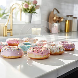 colorful donuts closeup on a kitchen plot with a background of a modern kitchen - generate Ai