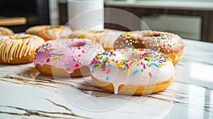 colorful donuts closeup on a kitchen plot with a background of a modern kitchen - generate Ai