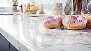 colorful donuts closeup on a kitchen plot with a background of a modern kitchen - generate Ai