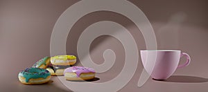 Colorful donuts and coffee 3d render