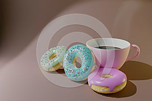 Colorful donuts and coffee 3d render