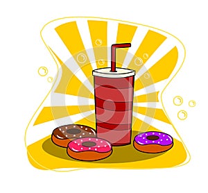 Colorful donuts and cup of coffee cartoon vector illustration.