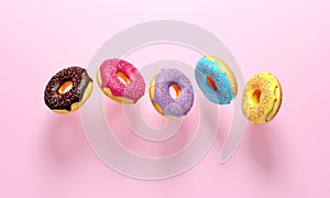 Colorful donuts flying on pink background