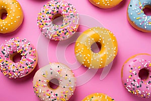 Colorful donuts on a pink background. Generative AI