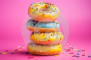 Colorful donuts on a pink background. Generative AI