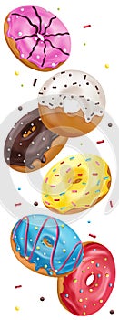 Colorful donuts with pink, chocolate, blue, yellow and white icing and sprinkles. Falling glazed sweet buns on white