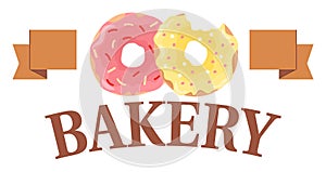 Colorful donuts pink yellow icing. Sweet pastries bakery logo concept. Delicious doughnuts