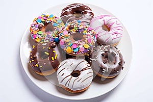 Colorful donuts in a plate on a white background. Generative AI
