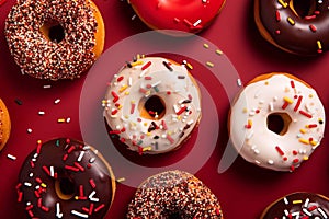 Colorful donuts on a red background. Generative AI