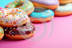 Colorful donuts with sprinkles on a pink background