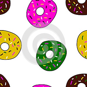 Colorful donuts with sprinkles seamless pattern on white background.