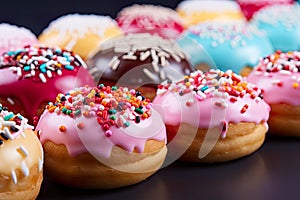 colorful donuts up close. These sweet treats are a dessert lover\'s dream