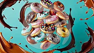 Colorful Donuts in a Vertical Stack with Teal Background