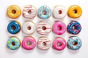Colorful donuts on a white background. Generative AI