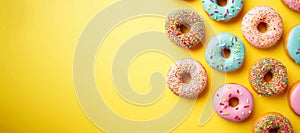 Colorful donuts on a yellow background. banner. Generative AI