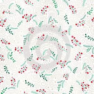 Colorful Doodle Christmas Foliage, Red Berries, Gold Swirls on White Background Vector Seamless Pattern. Winter Holiday
