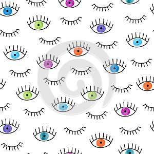 Colorful doodle eyes seamless pattern.