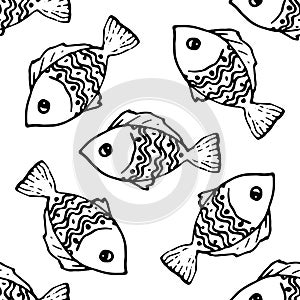 Vector seamless pattern of cute doodle fish with a rounded black outline pattern on a white background for a design template.