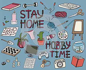 Colorful doodle hobby set. Stay home concept on blue background. Top table, video games, painting, reading, sport, knitting,