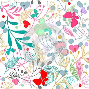Colorful doodle lines flowers and butterflies seamless pattern. Vector ornamental spring summer bright background. Hand drawn